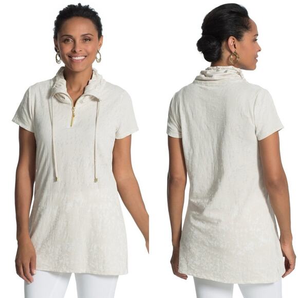 Chico's Zenergy Short-Sleeved 1/4 Zip Cowl Neck Drawstring Top Cream Size 3 [XL] - Picture 1 of 13
